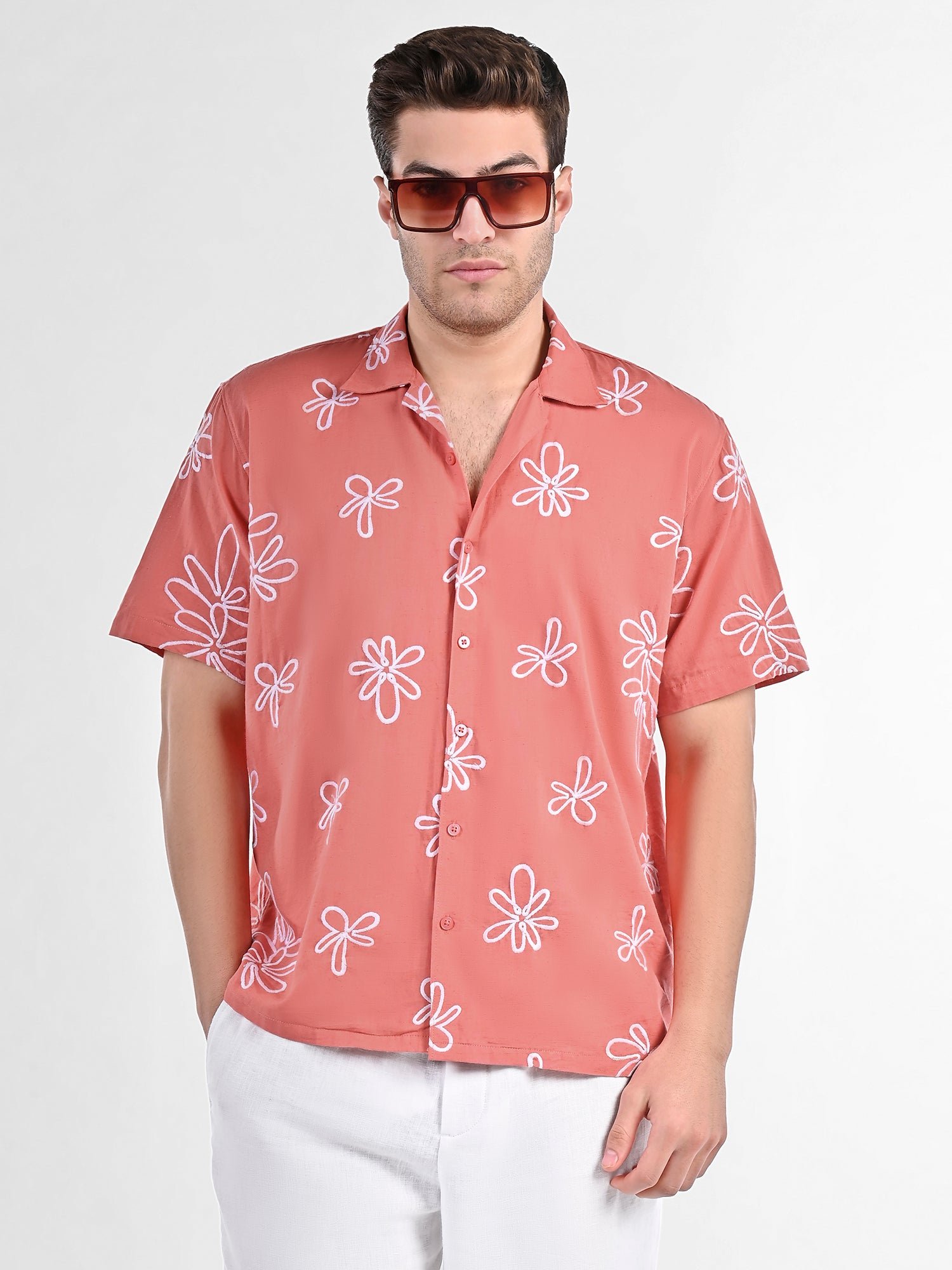 Box-Fit Floral Bloom Linen Shirt in Coral - Image 6