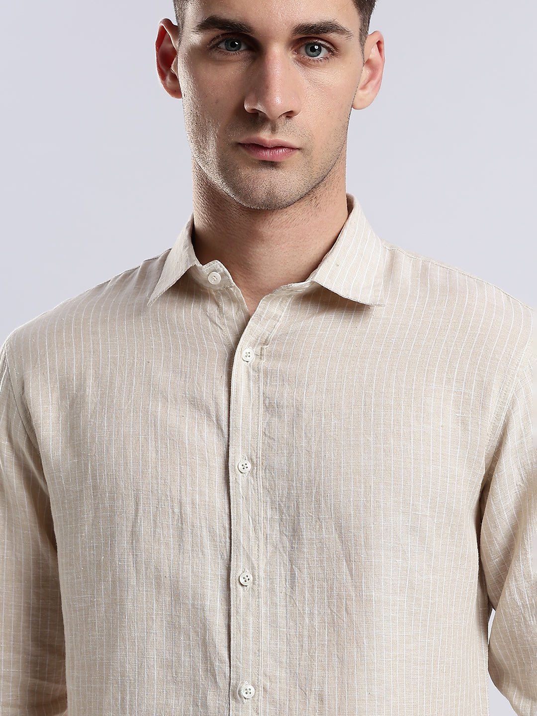 100% Linen French Almond Pinstripe Shirt - Image 2