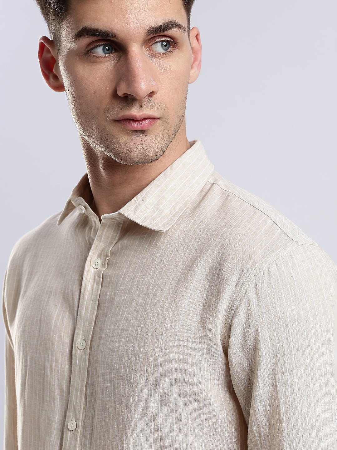 100% Linen French Almond Pinstripe Shirt - Image 4