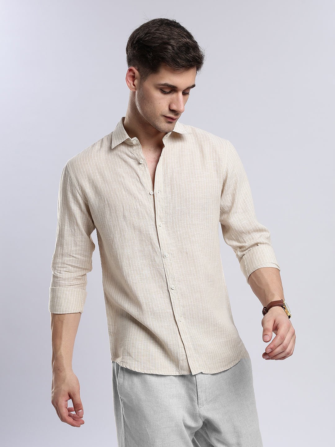 100% Linen French Almond Pinstripe Shirt - Image 3