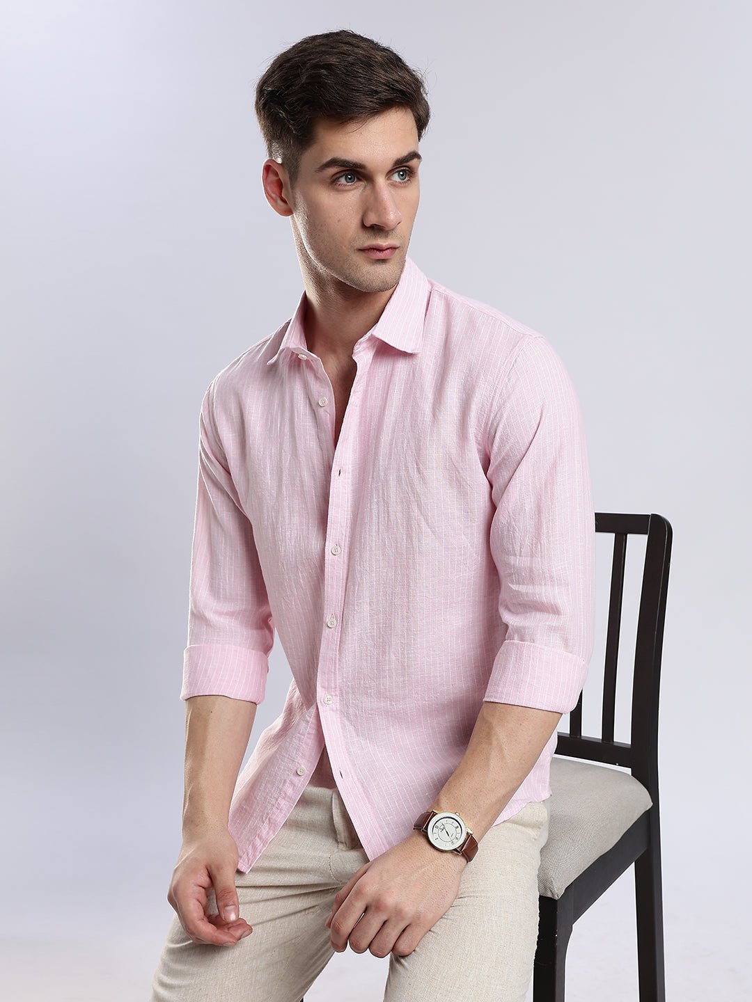 100% Linen French Rosé Pinstripe Shirt - Image 8