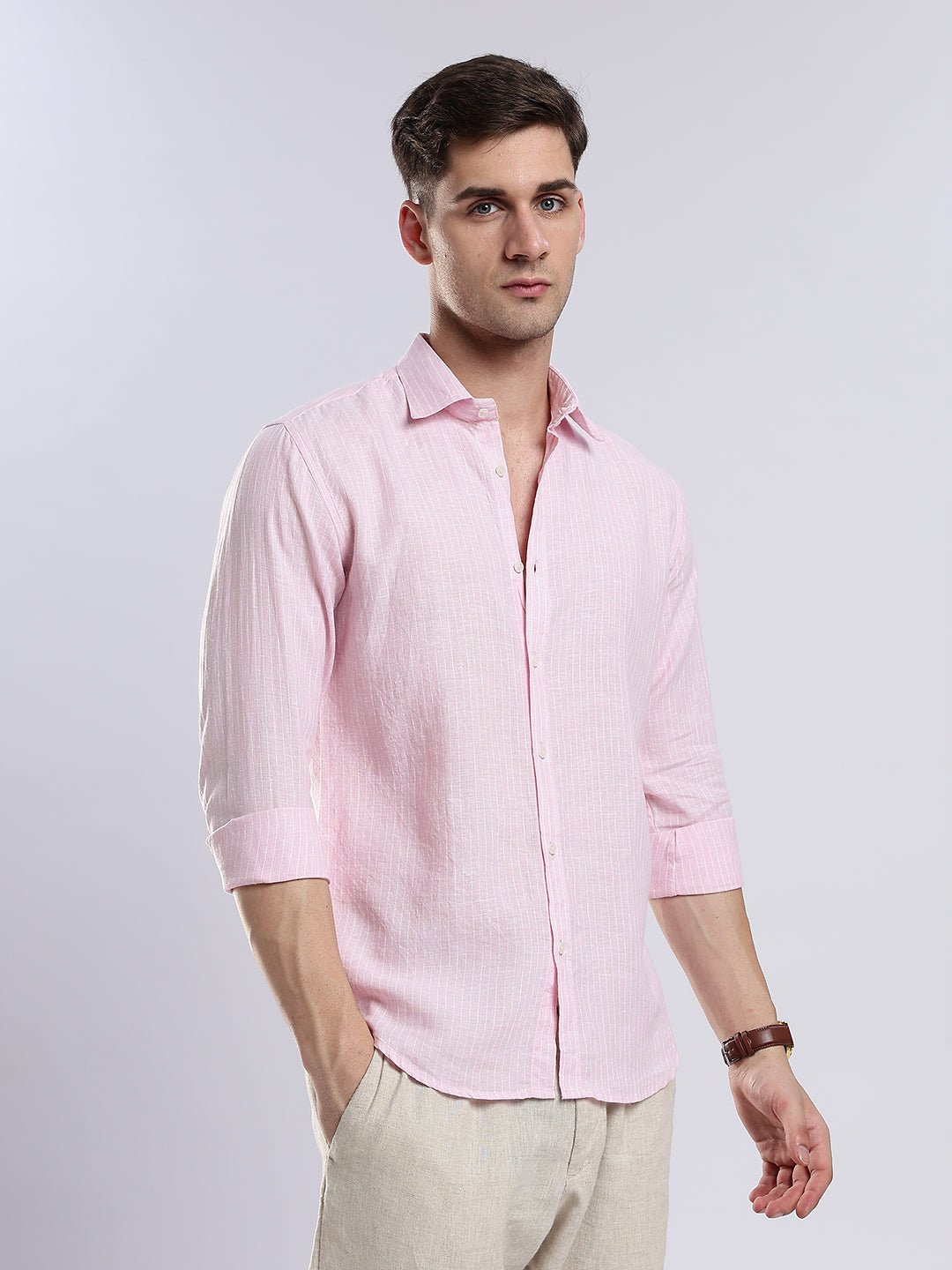 100% Linen French Rosé Pinstripe Shirt - Image 6
