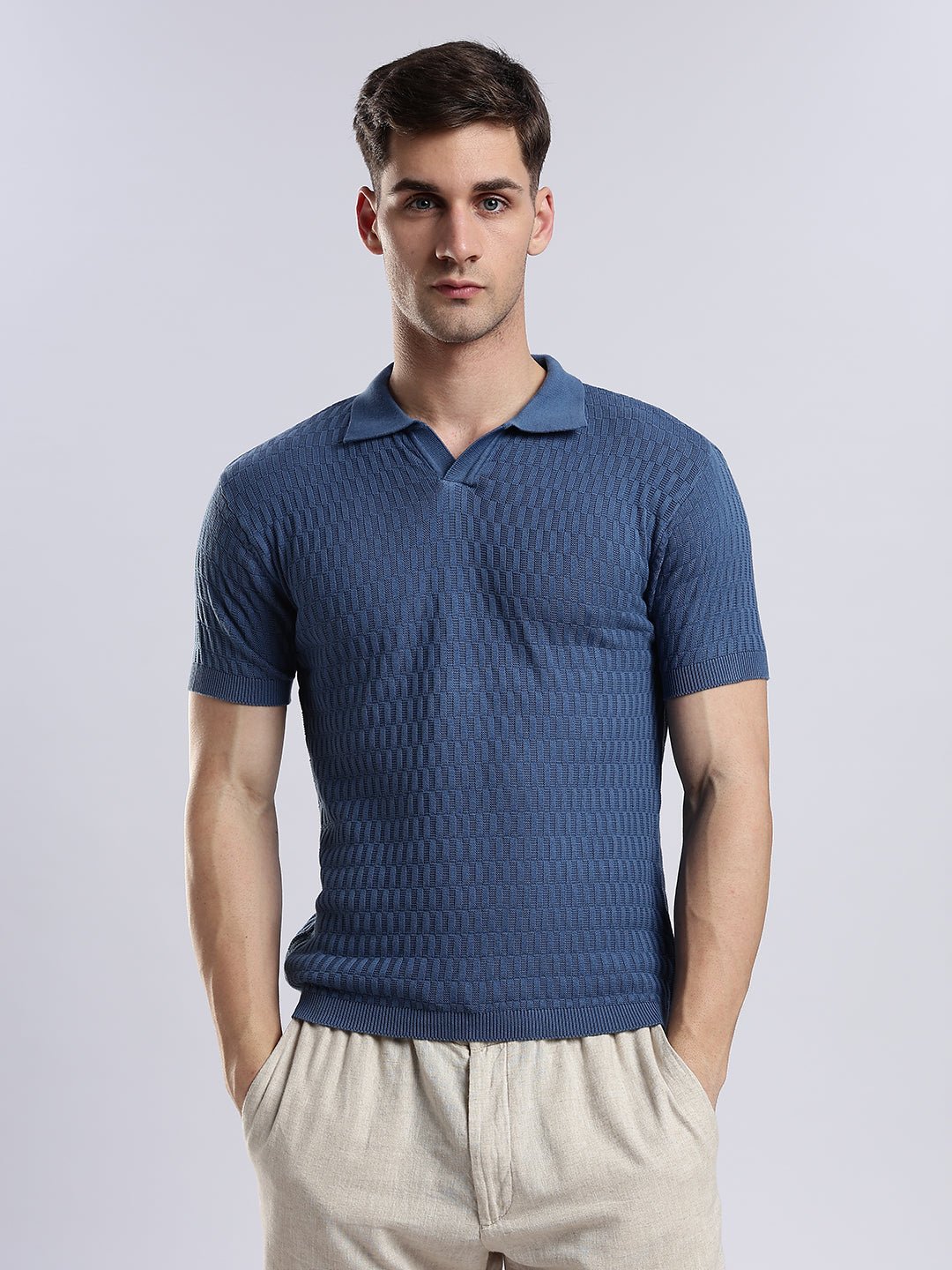 Heritage Grid Jacquard Polo in Navy - Image 5
