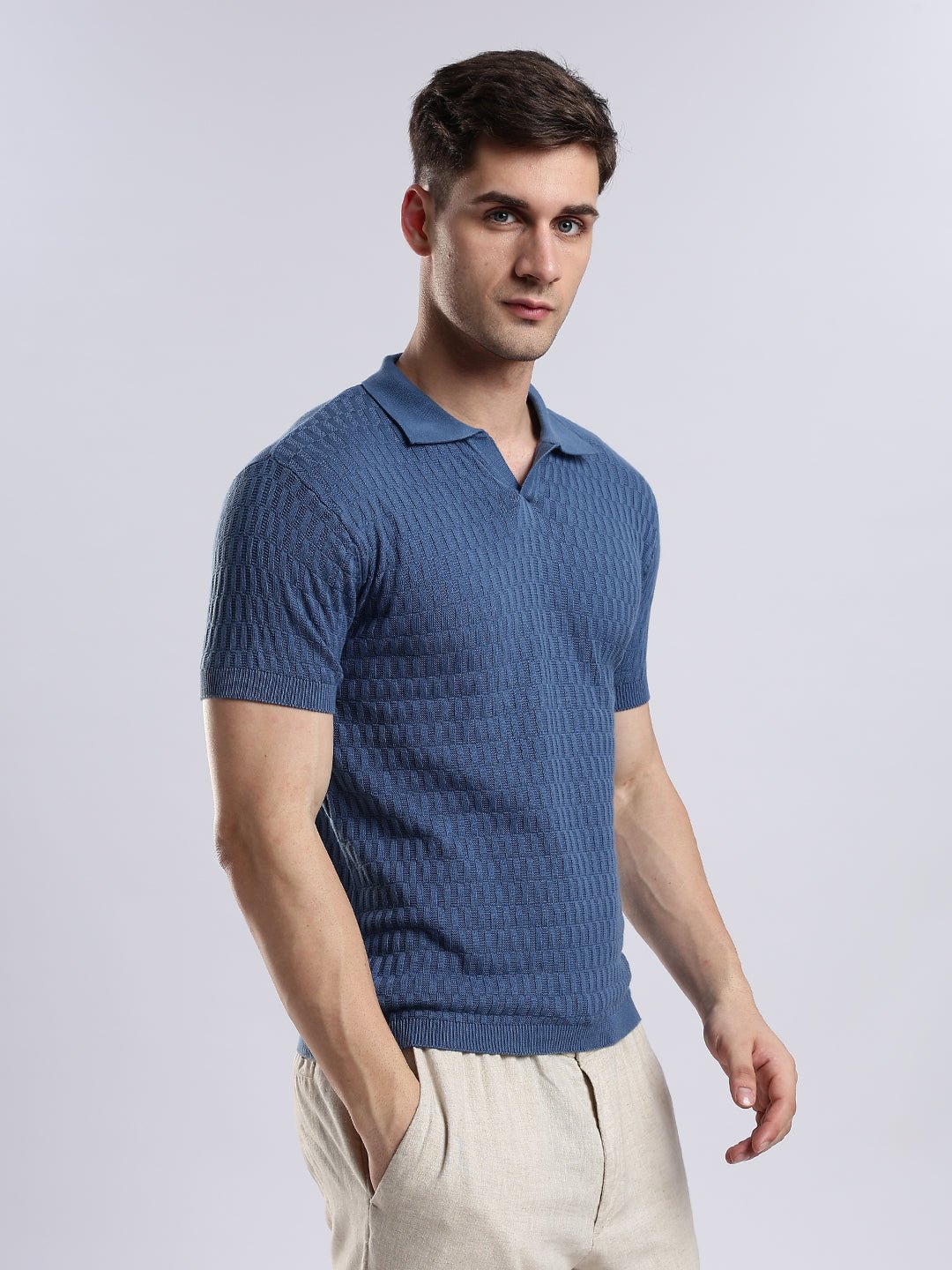 Heritage Grid Jacquard Polo in Navy - Image 3