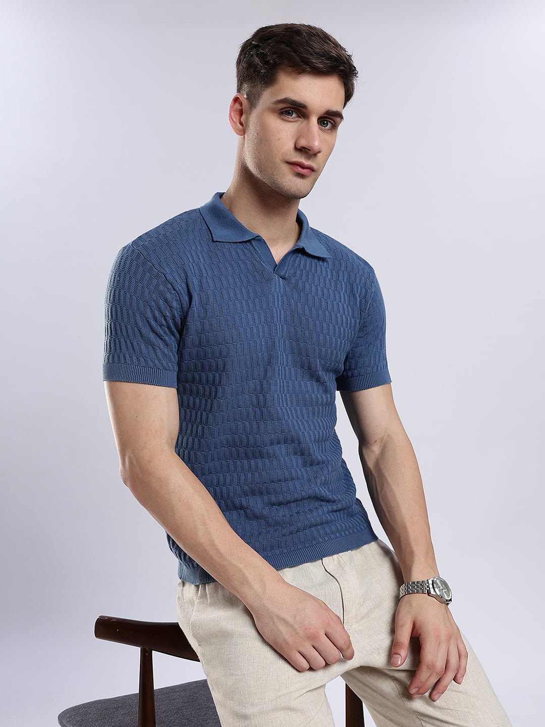 Heritage Grid Jacquard Polo in Navy - Image 4