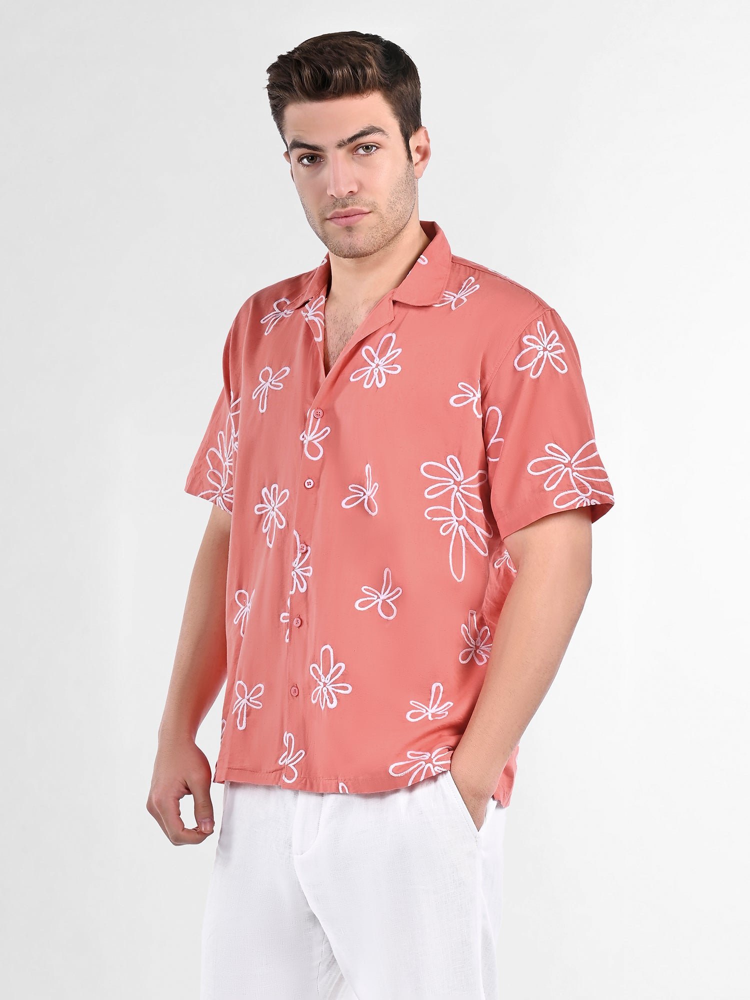Box-Fit Floral Bloom Linen Shirt in Coral - Image 2