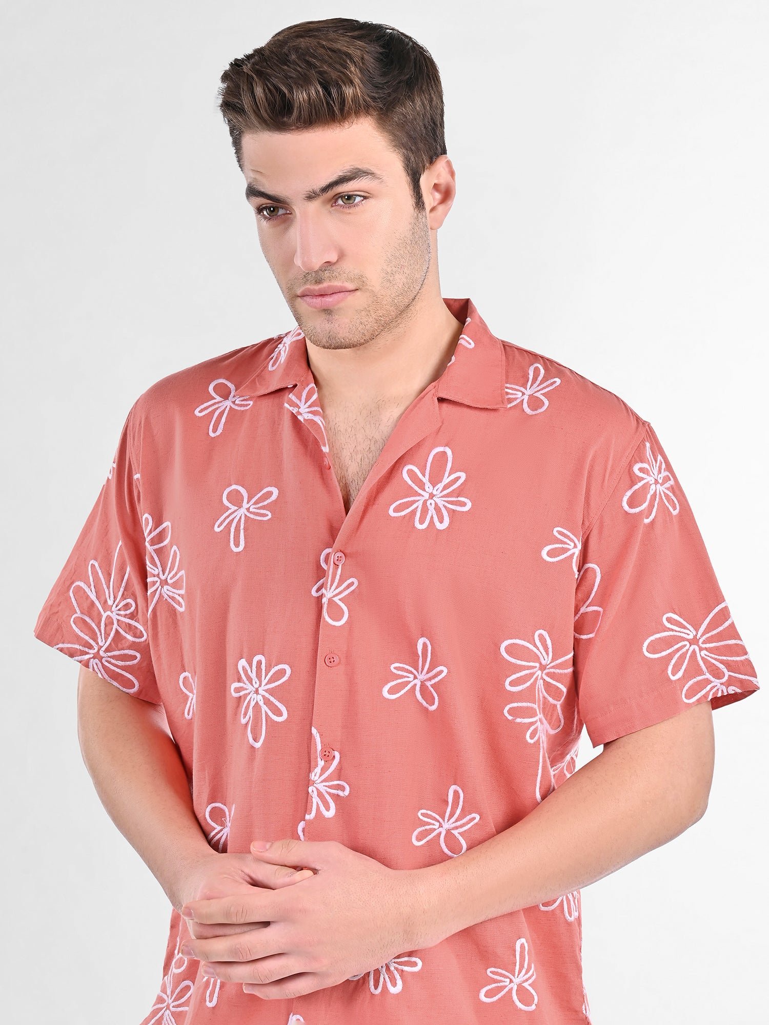 Box-Fit Floral Bloom Linen Shirt in Coral - Image 3