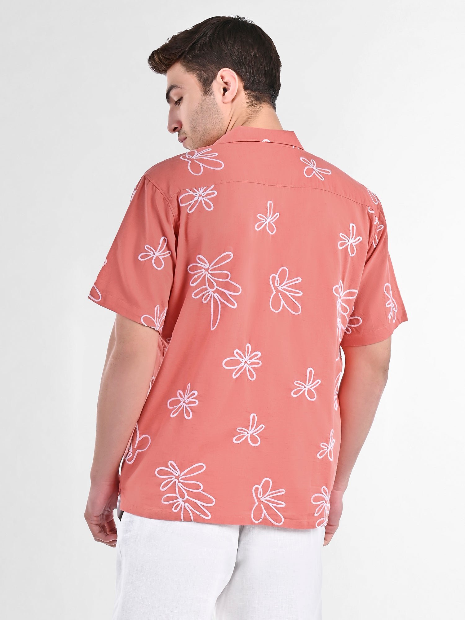 Box-Fit Floral Bloom Linen Shirt in Coral - Image 4