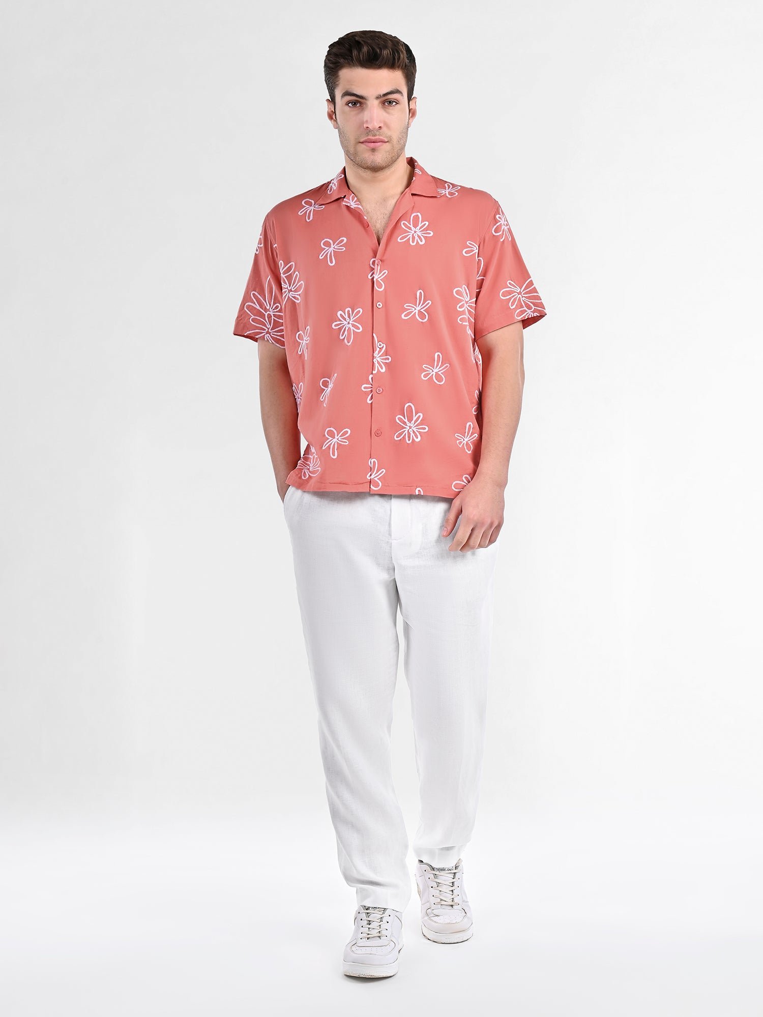Box-Fit Floral Bloom Linen Shirt in Coral - Image 5