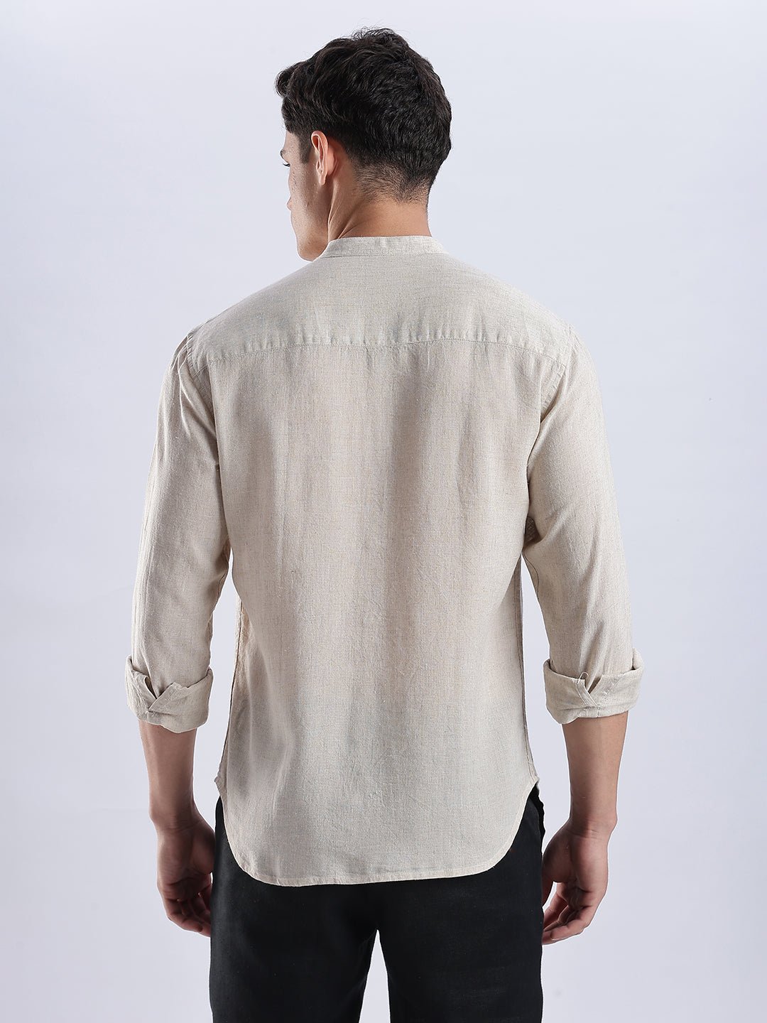 Kyoto Linen Mandarin Shirt in Barestone Beige - Image 2