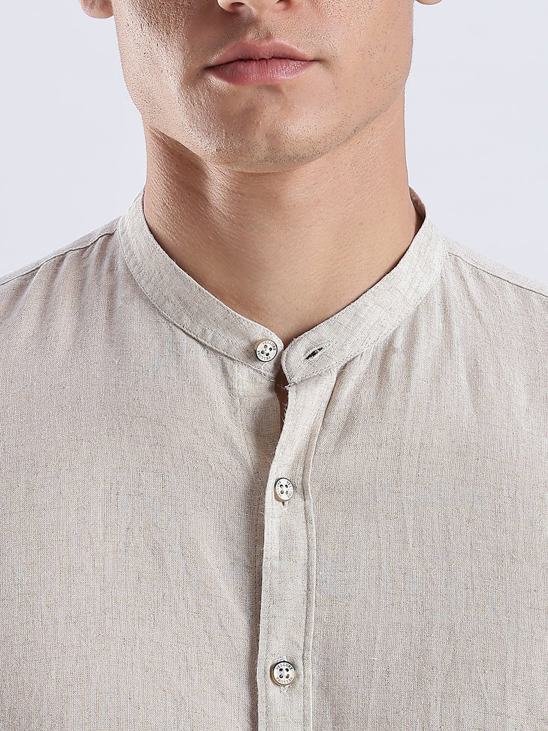 Kyoto Linen Mandarin Shirt in Barestone Beige - Image 3