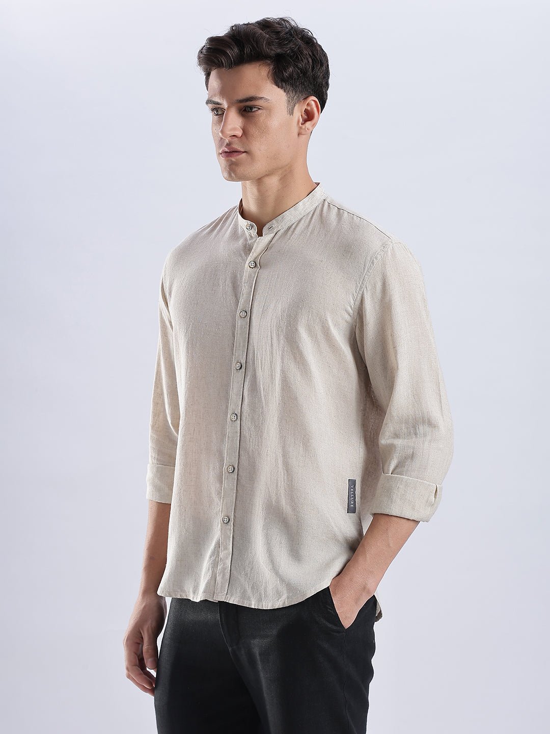 Kyoto Linen Mandarin Shirt in Barestone Beige