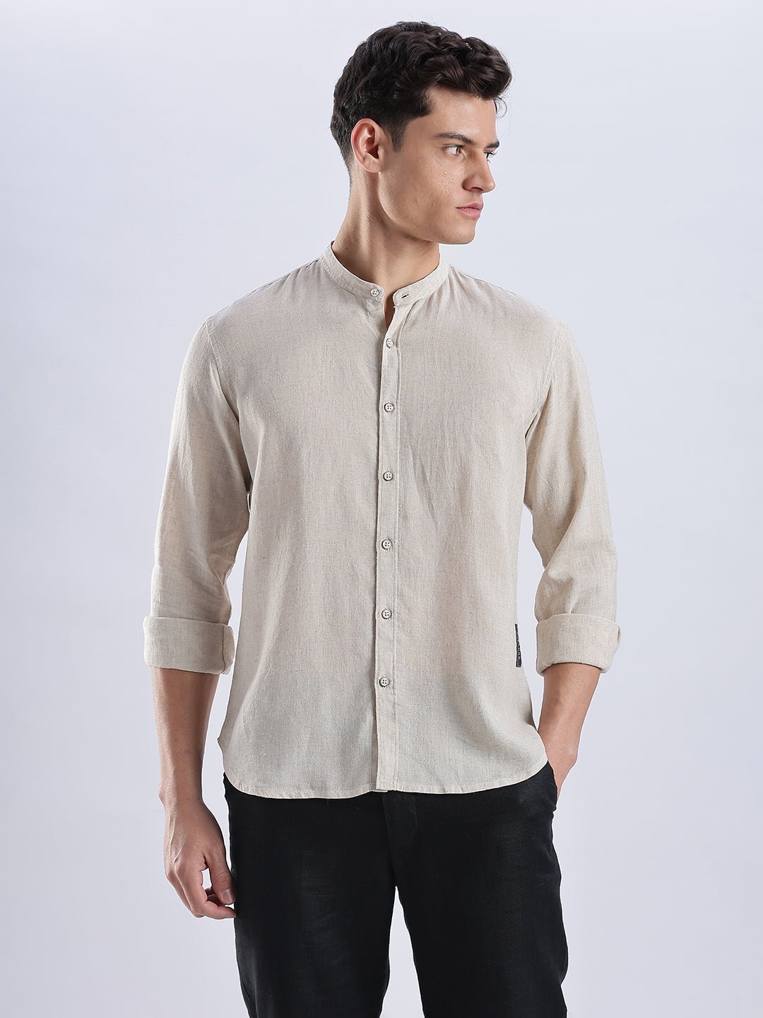 Kyoto Linen Mandarin Shirt in Barestone Beige - Image 4