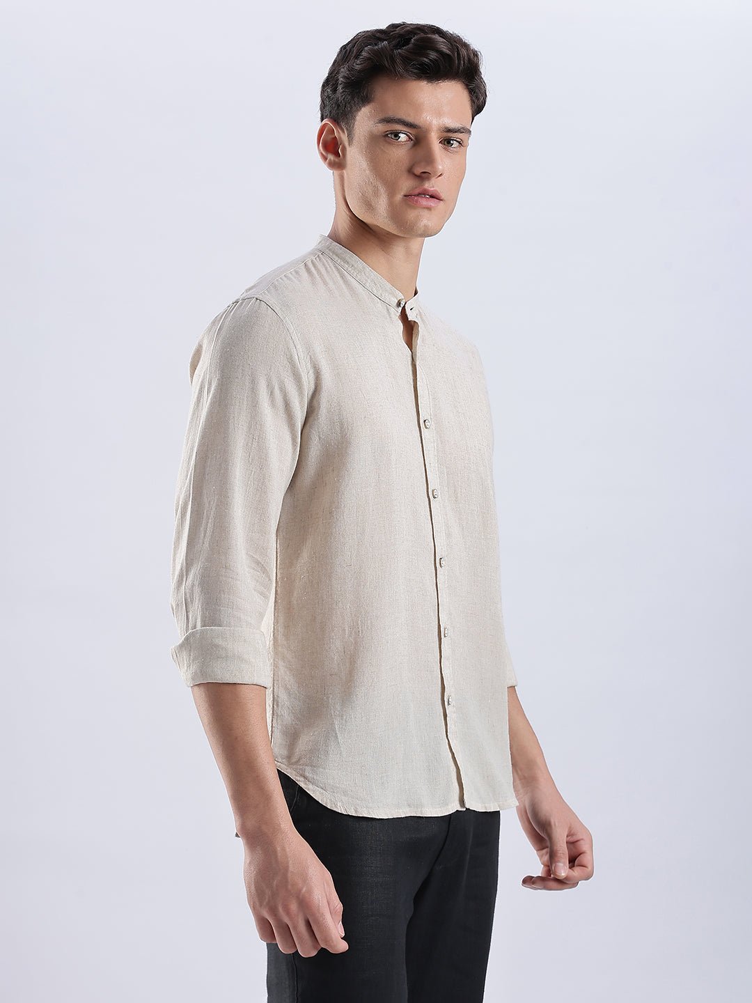 Kyoto Linen Mandarin Shirt in Barestone Beige - Image 5