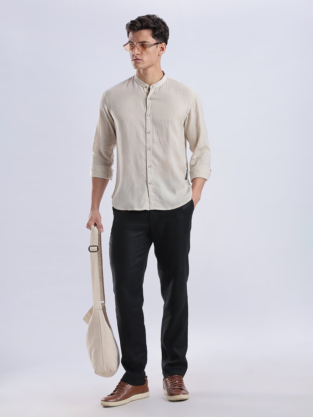 Kyoto Linen Mandarin Shirt in Barestone Beige - Image 6