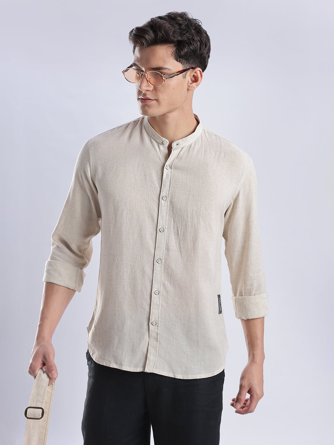 Kyoto Linen Mandarin Shirt in Barestone Beige - Image 7