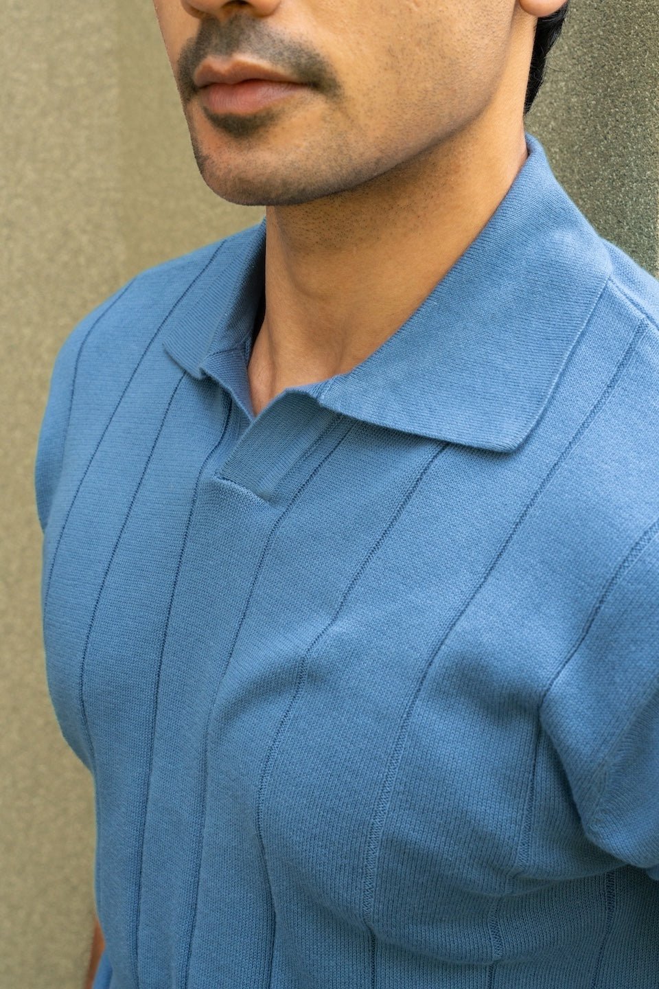Johnny-Collar Knit Polo in Azure Blue - Image 2