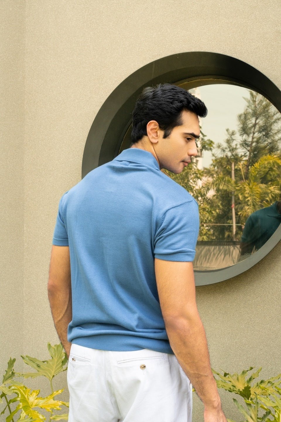 Johnny-Collar Knit Polo in Azure Blue - Image 3
