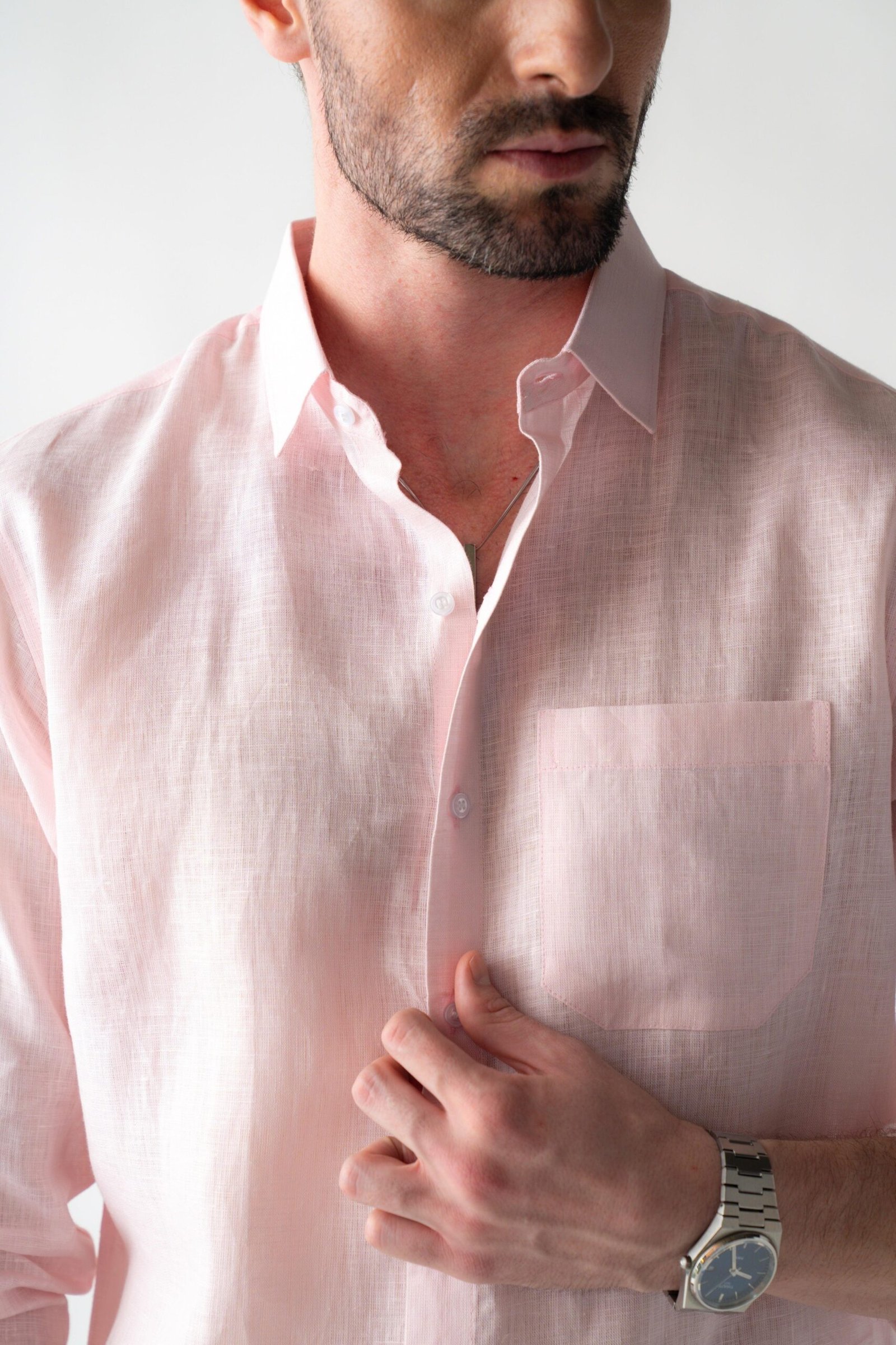 100% Linen Soft Touch Pearl Pink Shirt - Image 4